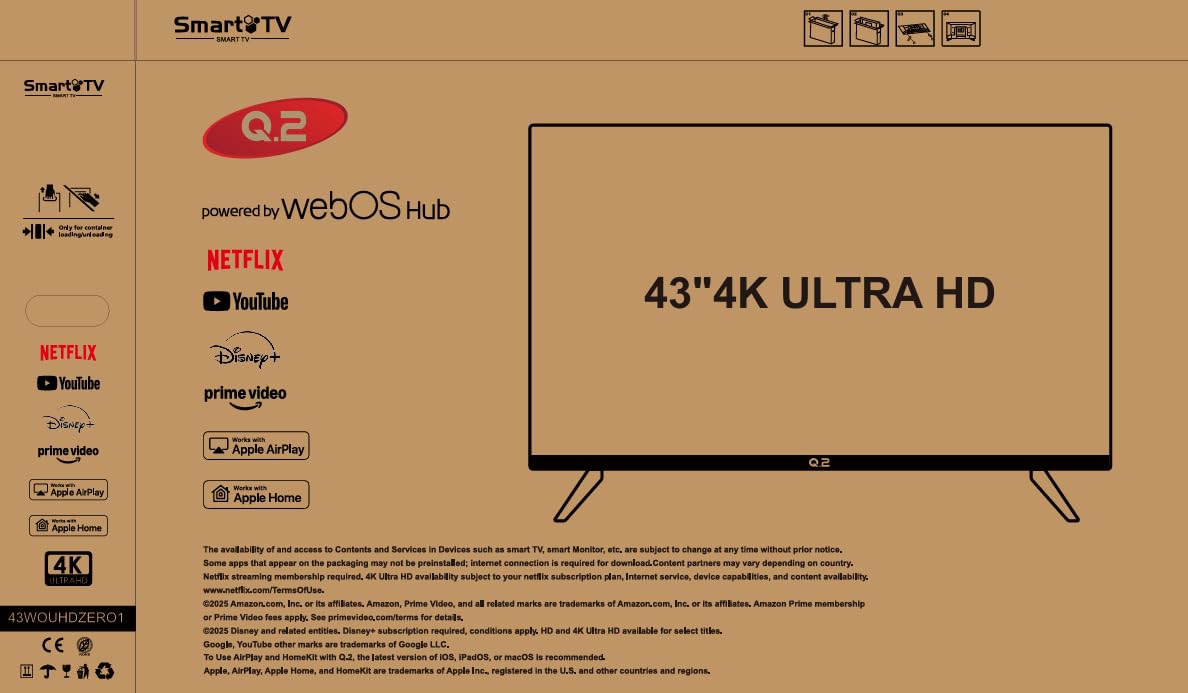 Q.2 | 43 inch TV | 4K UHD 3840x2160 | Smart TV | HDR | Randloos ontwerp | WiFi, Bluetooth | WebOS
